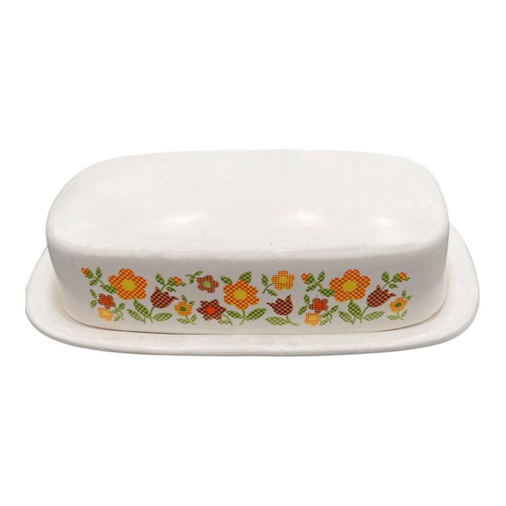 McCoy Covered Butter Dish Mid Century White Floral Daisy Chain Heavy Pottery EUC